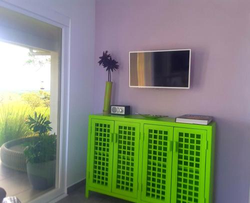博卡奇卡Finca Colibri的墙上有电视的绿色橱柜