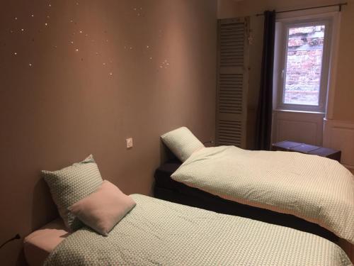 欧里亚克LES LOGES D'ARSENE的一间卧室设有两张床和窗户。
