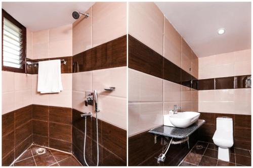 维沙卡帕特南Sri Raghavendra Inn的浴室设有水槽和卫生间,两幅图片
