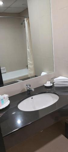 新加坡Hotel Royal的一间带水槽和镜子的浴室
