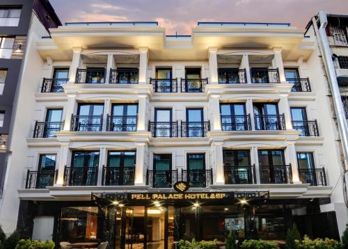 伊斯坦布尔Pell Palace Hotel & SPA的大型白色建筑,设有窗户和阳台