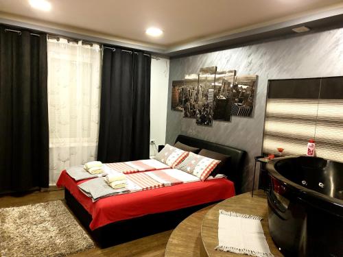 尼什Ceca Apartman的卧室配有1张床、浴缸和桌子