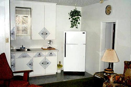 Johnstown约翰斯敦汽车旅馆的厨房配有冰箱和带台灯的桌子
