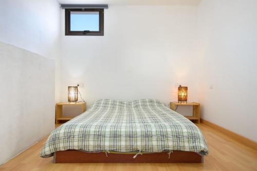 法马拉Famara Beach Apt的一间卧室配有一张带铺着地毯的床和两盏灯。