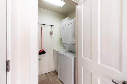 特柳赖德Coronet Creek Retreat的白色洗衣房配有洗衣机和烘干机