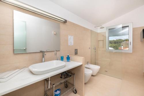 桑坦德利亚湾Villa Xipell 9的一间带水槽、卫生间和镜子的浴室