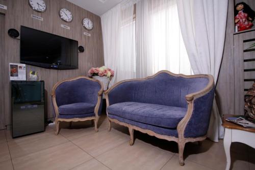 布拉迪斯拉发布拉迪斯拉发加尼飞行员酒店的客厅配有2把蓝色椅子和电视