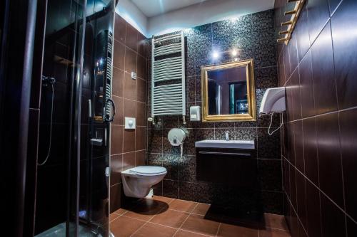 克拉科夫Mohito Hostel的一间带卫生间、水槽和镜子的浴室