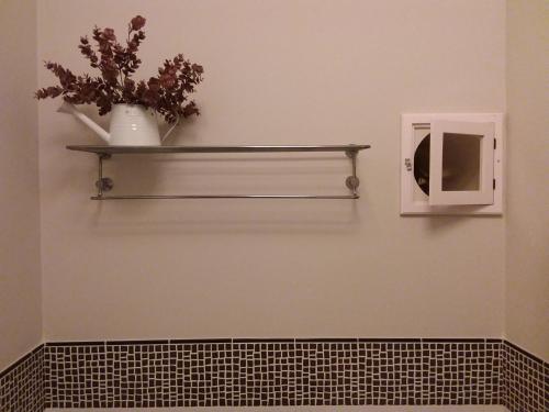 焦亚德尔科莱Dimora del Castellano的一个带微波炉和鲜花的浴室的架子