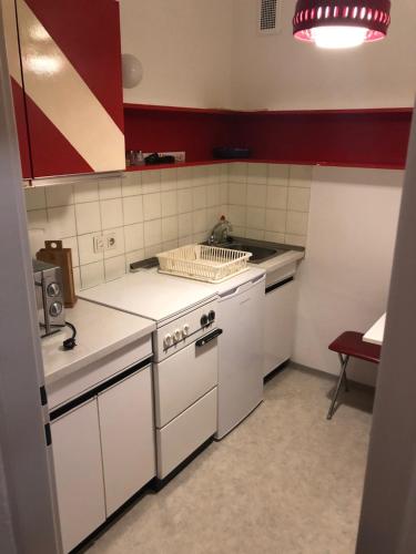 萨尔巴赫Casa Alpina Relax - include Jokercard - only summer的厨房配有白色家电和红色墙壁