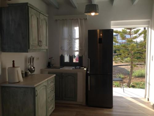 布拉卡Maistrali Studios & Apartments的一间厨房,里面配有黑色冰箱