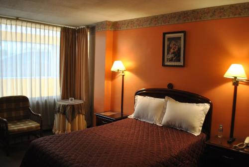 拉塔昆加Hotel Makroz的配有一张床和一把椅子的酒店客房