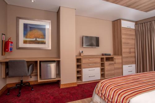 布隆方丹LOCH LOGAN HOTEL的酒店客房配有一张床、一张书桌和一台电视。