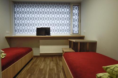 考纳斯Hostel Laurita的客房设有两张床和带电视的窗户。