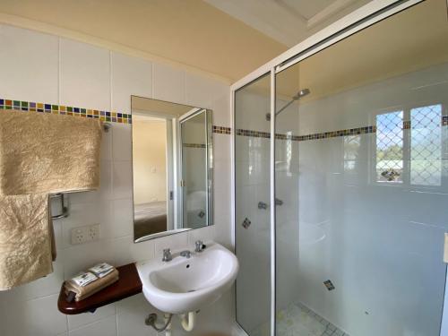 库克敦Cooktown Motel的白色的浴室设有水槽和淋浴。