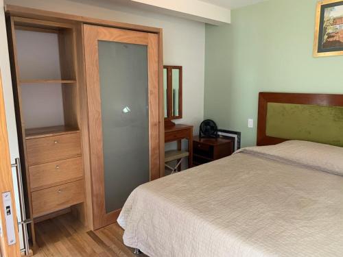 墨西哥城Departamentos Pánuco的一间卧室配有一张床、梳妆台和衣柜。