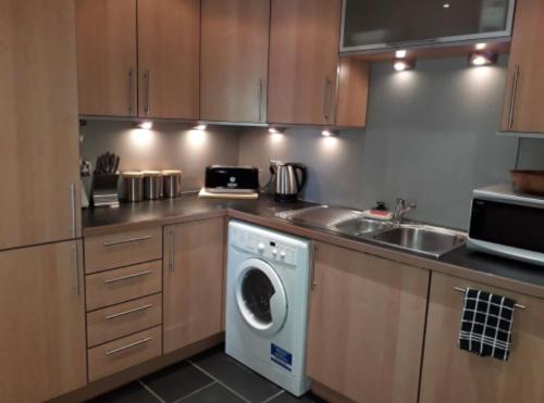爱丁堡Beachview Apartment的厨房配有洗衣机和水槽