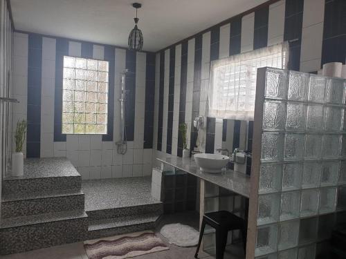 邦劳提普托普酒店的浴室设有水槽和蓝色及白色瓷砖