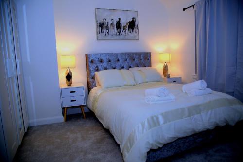 巴尔金A Modern, Comfy Newly Remodeled 2bd House的一间卧室配有一张带两盏灯的大型白色床。