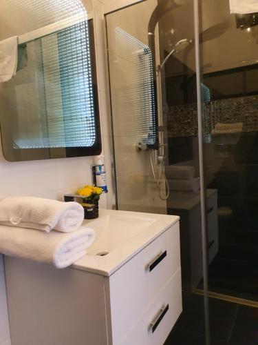 尤斯托尼莫斯基DWIE SOSNY-Apartament na wydmie - 365PAM的浴室配有白色水槽和淋浴。