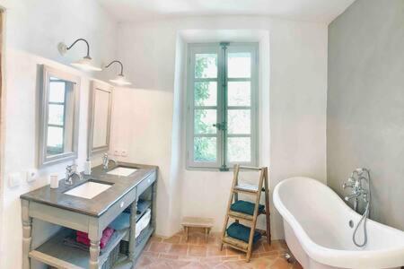 Saint-JulienLa Bastide的浴室配有盥洗盆、浴缸和镜子
