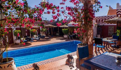 瓦尔扎扎特Le Petit Riad Maison d'hôtes的一座花粉色的酒店游泳池