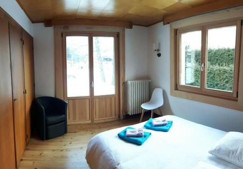 夏蒙尼-勃朗峰Appartement avec Terrasse的一间卧室配有一张床,上面有两条毛巾