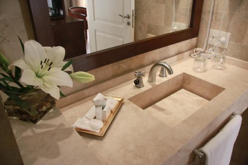 布宜诺斯艾利斯格朗德国王酒店的浴室水槽配有花卉和镜子
