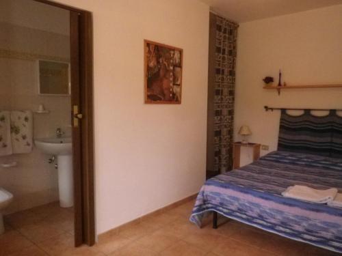 弗卢米尼马焦雷Centro di Turismo Equestre SHANGRILA'的一间卧室配有一张床,浴室设有水槽