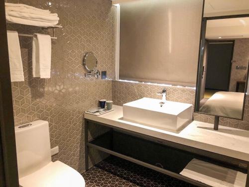 桃园市城市商旅桃园车馆的一间带水槽、卫生间和镜子的浴室
