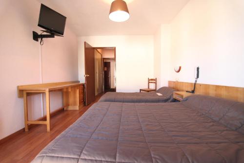 拉卡努尔格Logis Hotel Restaurant Du Commerce的一间卧室配有一张床、一张书桌和一台电视。