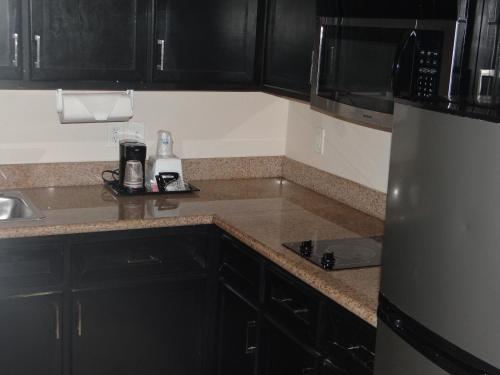 贝敦Regency Inn & Suites - Baytown的厨房配有黑色橱柜和不锈钢冰箱