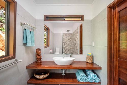 拉罗汤加Rainbow Villas的一间带水槽和镜子的浴室