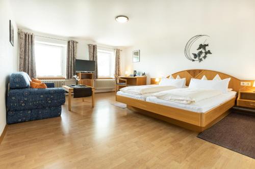 SteinenHotel Landgasthof zum Pflug的配有一张床和一把椅子的酒店客房