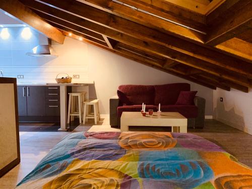 巴尼奥斯德蒙特迈奥尔Casa tio Basilio的一间卧室配有一张床、一张沙发和一张桌子