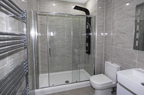 特尔福德Sapphire House Apartments的带淋浴、卫生间和盥洗盆的浴室