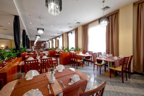 塔诺沃帕格涅500酒店的餐厅设有木桌、椅子和窗户。