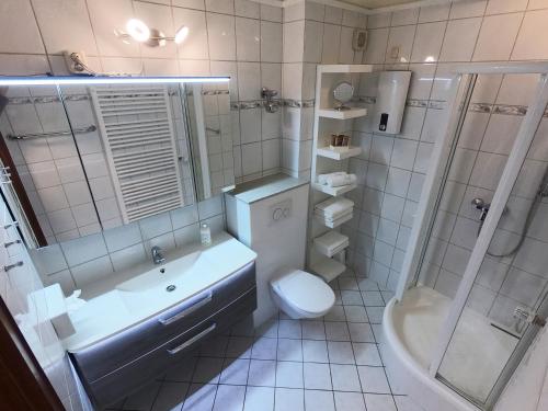 巴特皮尔蒙特Bonsai-Apartment III An der Hufeland Therme的一间带水槽、卫生间和淋浴的浴室