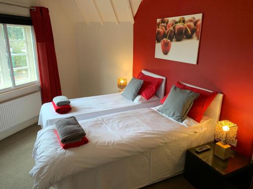 布由德利皇家森林乡村酒店的红色墙壁客房的两张床