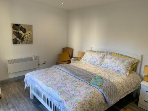 伦敦德里The Garden room的一间卧室配有一张带彩色床罩的床