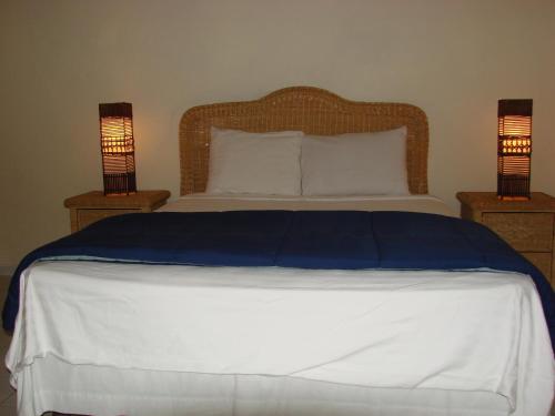 奥拉涅斯塔德库努库别墅阿鲁巴岛热带花园公寓 的一间卧室配有一张带两张台灯的床铺。