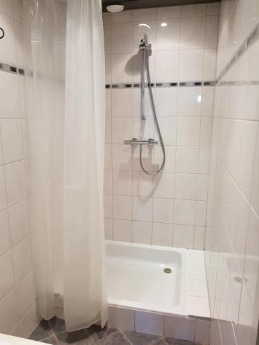 荷兰之角奎普顿酒店的浴室内配有白色淋浴帘。