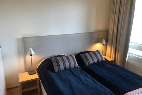 塔库沃里Tahko Chalet B 601的一间卧室配有蓝色的床和两个枕头