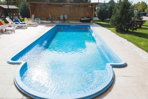 奥托佩尼Airport Residence - Apartment across from Otopeni Airport的庭院里的一个蓝色海水游泳池
