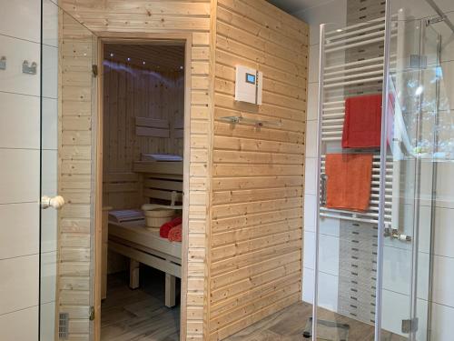 施特芬斯哈根Ferienhaus Ellernblick mit Sauna的带淋浴的浴室和步入式衣柜。