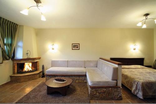 卡斯托里亚Village Naiades的带沙发和壁炉的客厅
