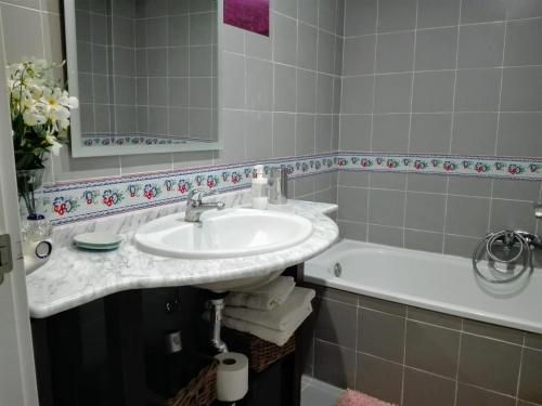 马德里Apartamento Pinar de Chamartin的浴室配有盥洗盆和浴缸。
