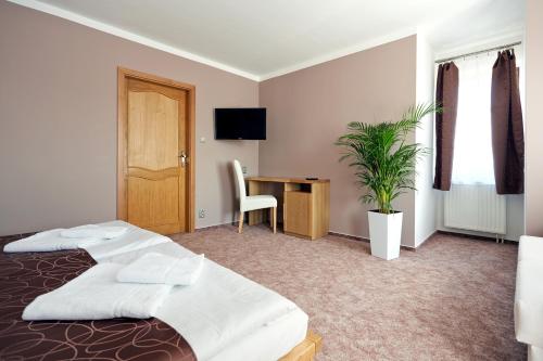 瓦拉什斯凯梅济日奇维拉安克尔酒店的配有一张床和一张书桌的酒店客房