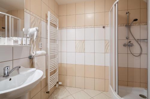 MístoPytloun Wellness Hotel Hasištejn的一间带水槽和淋浴的浴室