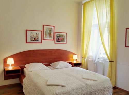 布拉格阿芒德蒙特公寓的一间卧室配有一张大床和两盏灯